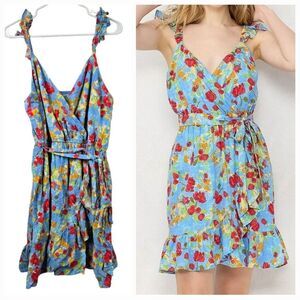 LC Lauren Conrad Blue Floral Faux Wrap Dress XL Belted Ruffle Flutter Sleeve